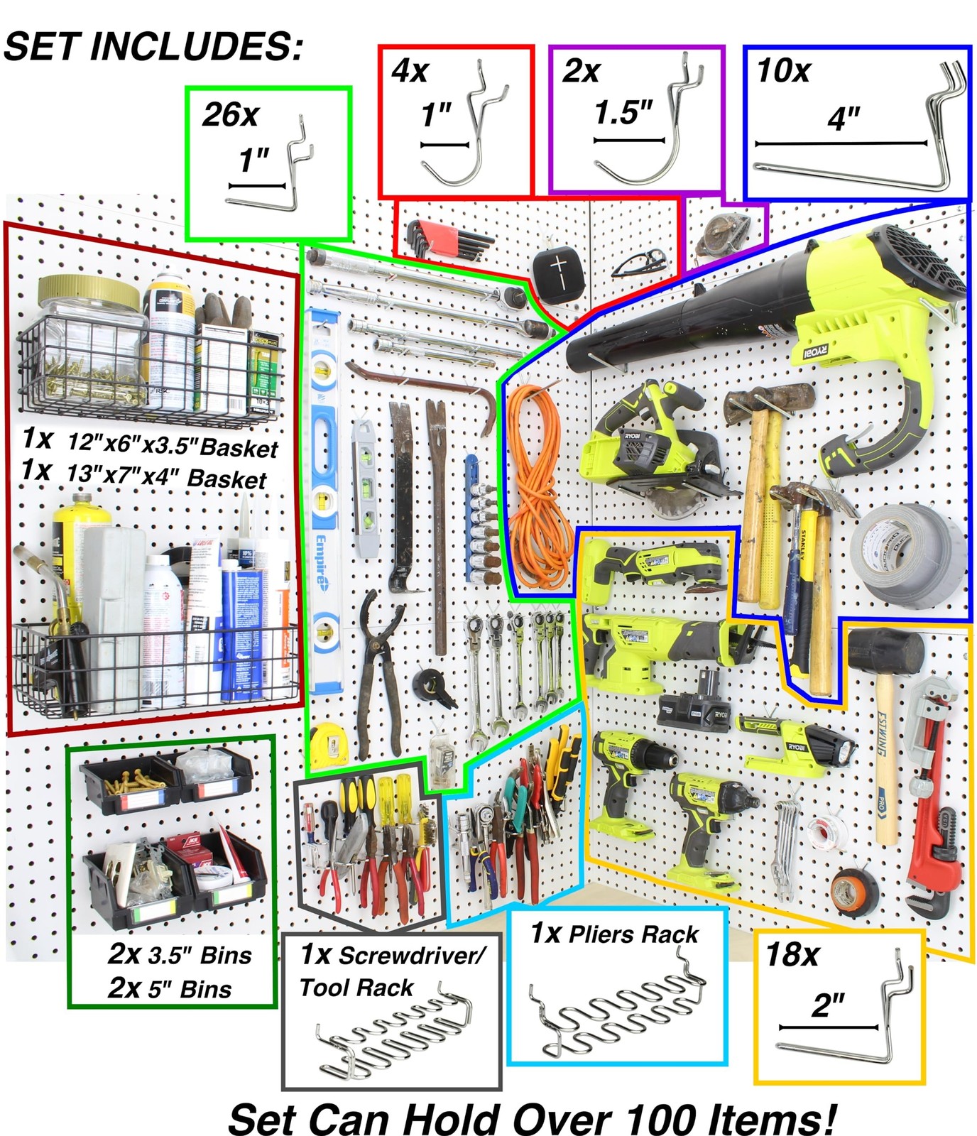 Peg Board Hooks for Hanging Tools with Bins and Baskets – Tool Organizatio