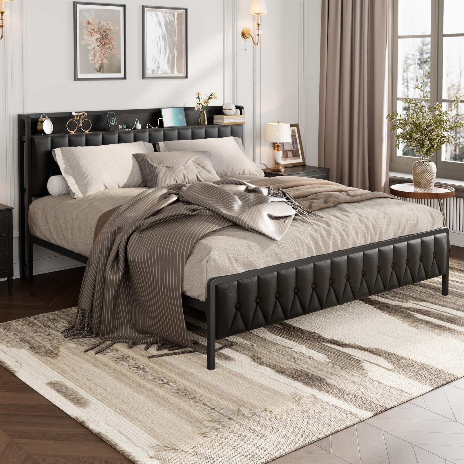 GRAVEE King Upholstered Platform Bed Frame w/Charging Station Underbed Storage