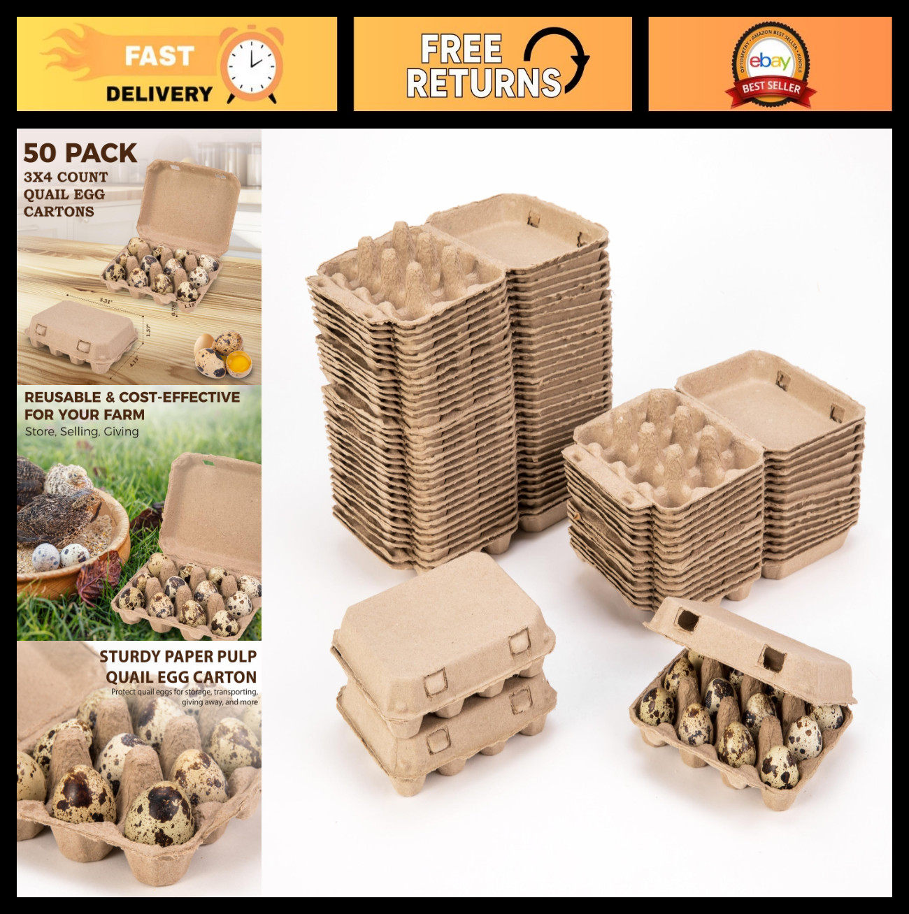 50 Pack Quail Egg Cartons - Sturdy Reusable 12 Count Storage Trays for Farmers