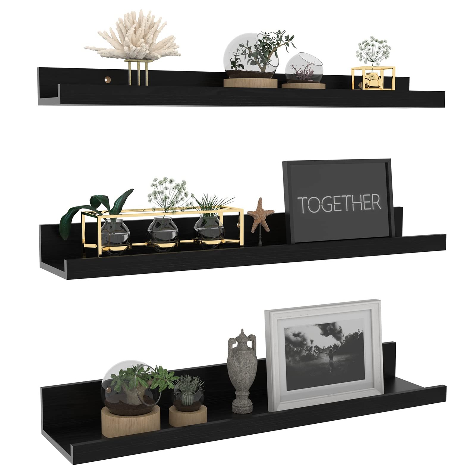24 Inch Black Floating Shelves Wall Mounted Woodgrain Picture Ledge Shelf For St