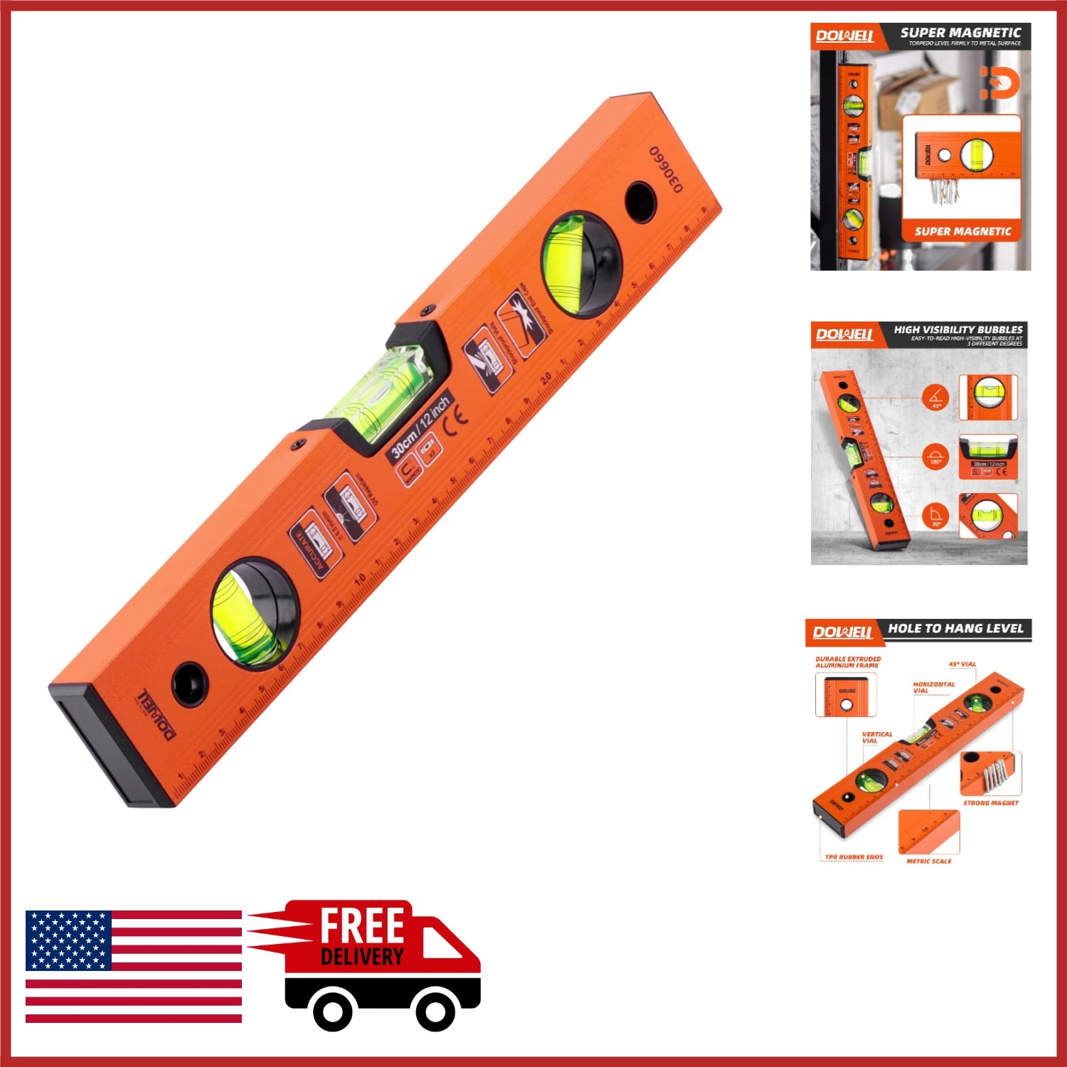 Lightweight 12 Inch Magnetic Level with Clear Metric Scale and Shockproof Design