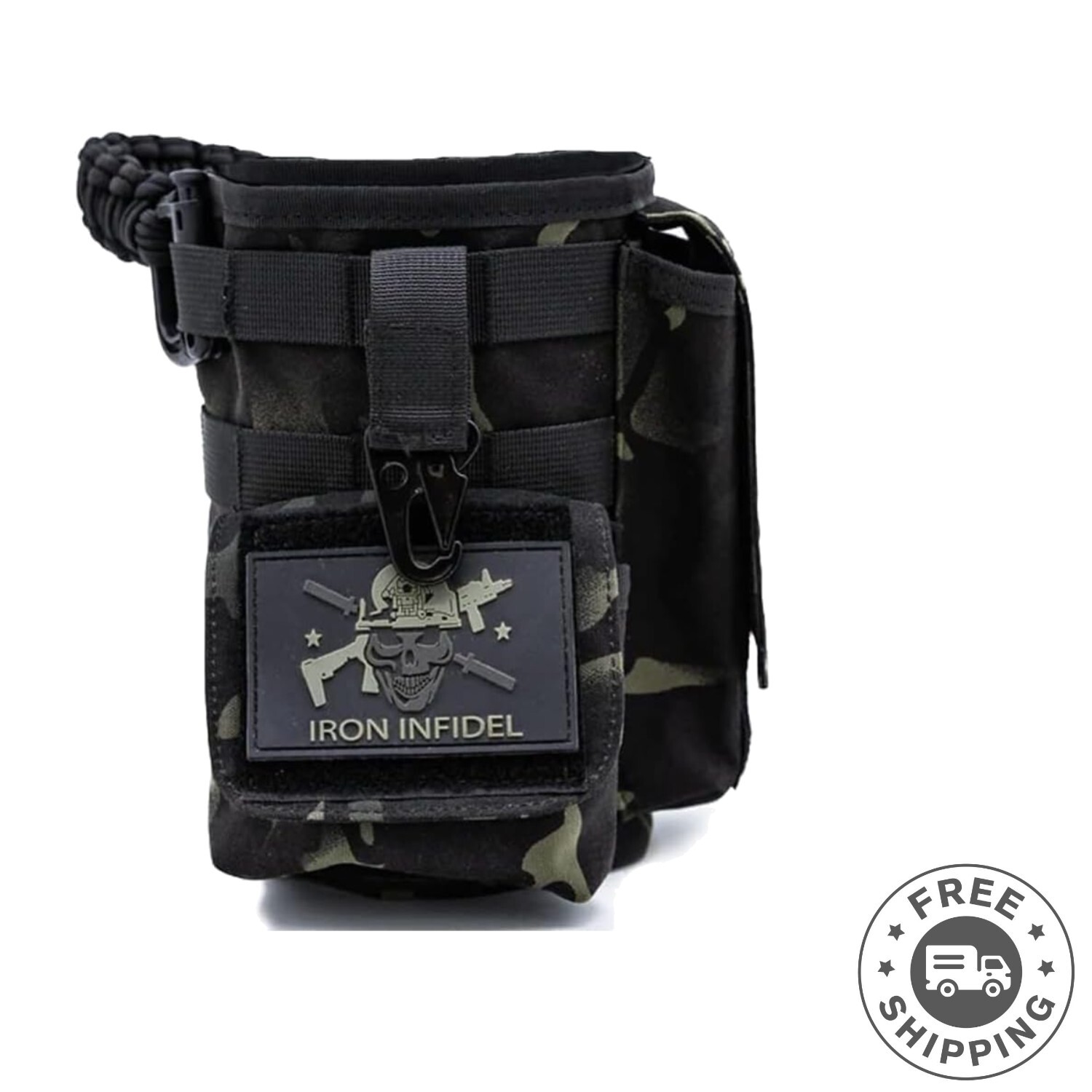 Rugged Black Camo Water Bottle Sleeve with Utility Pouches for Hiking & Hunting