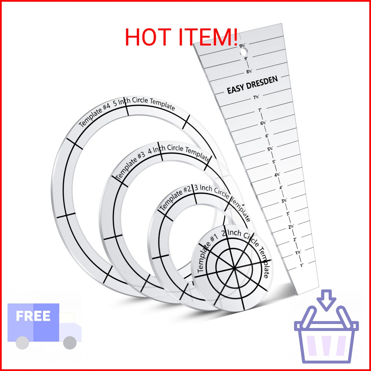 5 Pcs Acrylic Quilting Template Ruler 10 Inch Dresden Plate Template for Quiltin