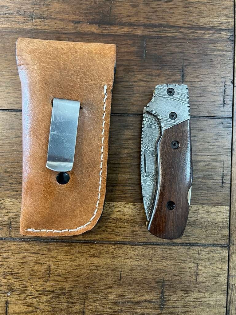 CUSTOM HANDMADE DAMASCUS WOOD HANDLE FOLDING KNIFE W/ PREMIUM SHEATH 29