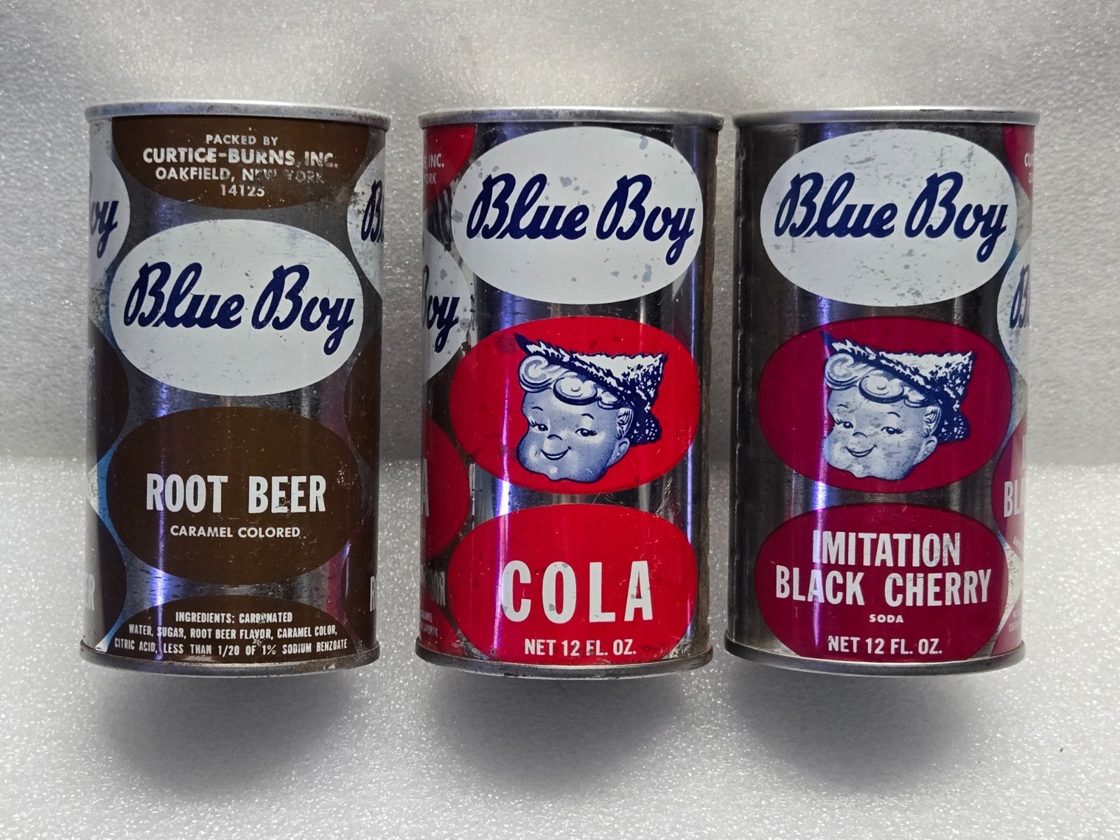 Vintage Soda Pop Can Lot of 3 Blue Boy Straight Steel Root Beer Cola Black Cherr