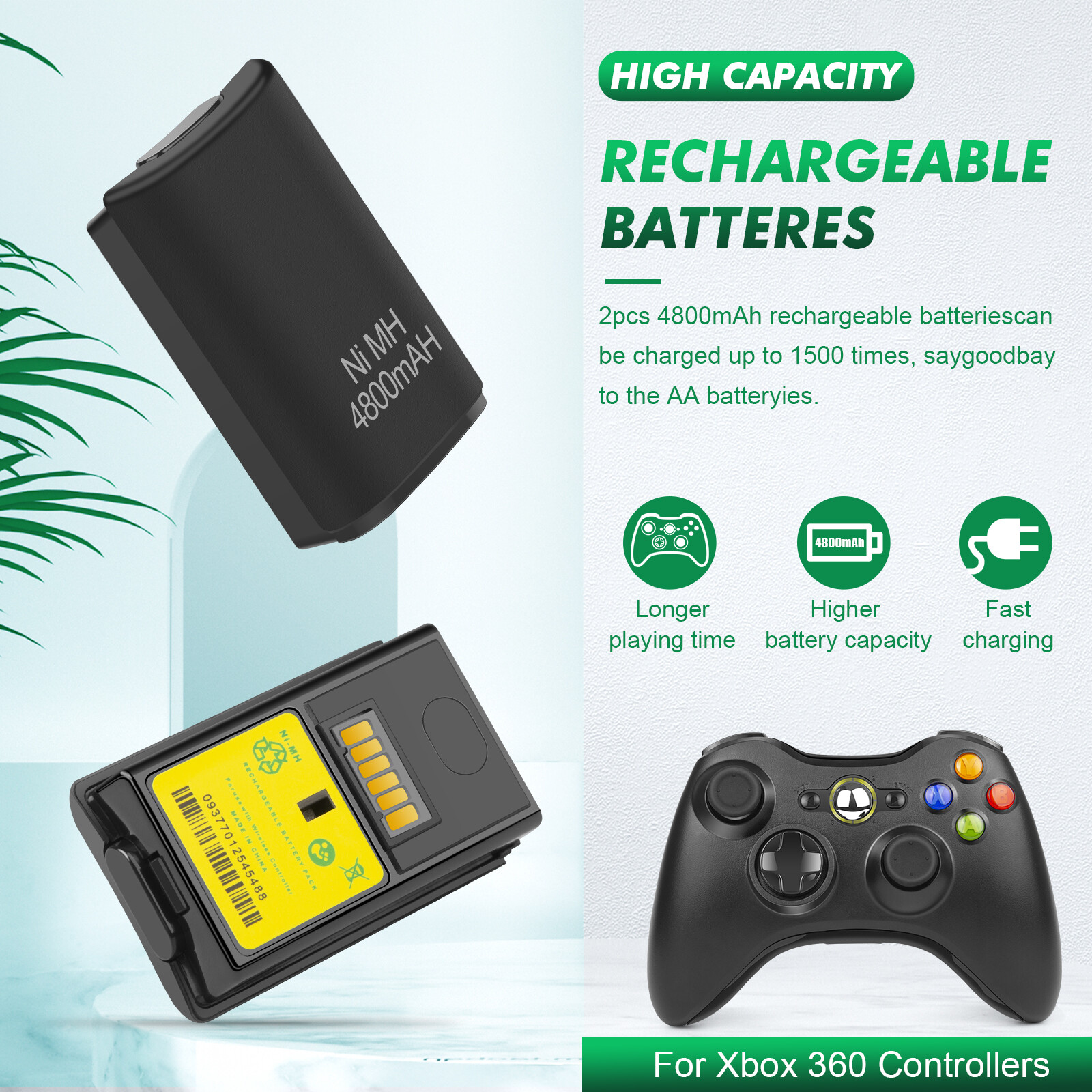 2x 4800mAh Battery Pack Charger Cable For Microsoft xBox 360 Wireless Controller