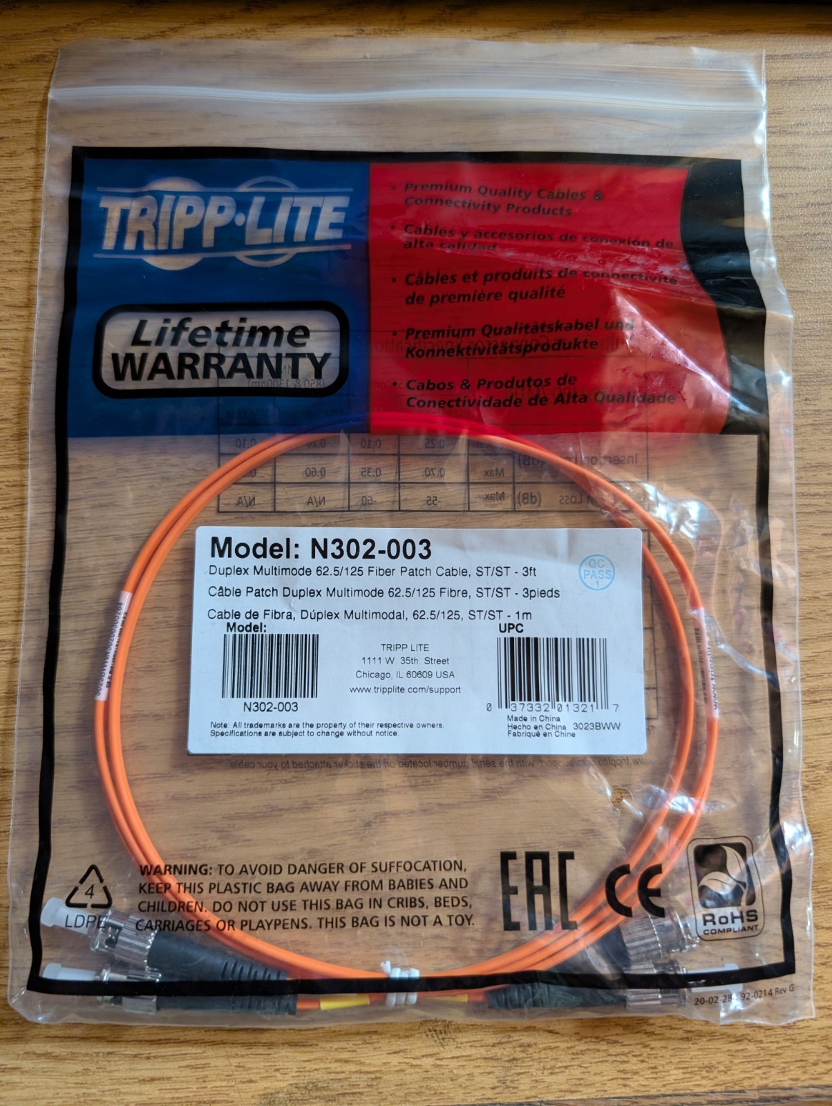 Tripp Lite 3FT ST to ST Duplex Multimode 62.5/125 Fiber Patch Cable - Orange