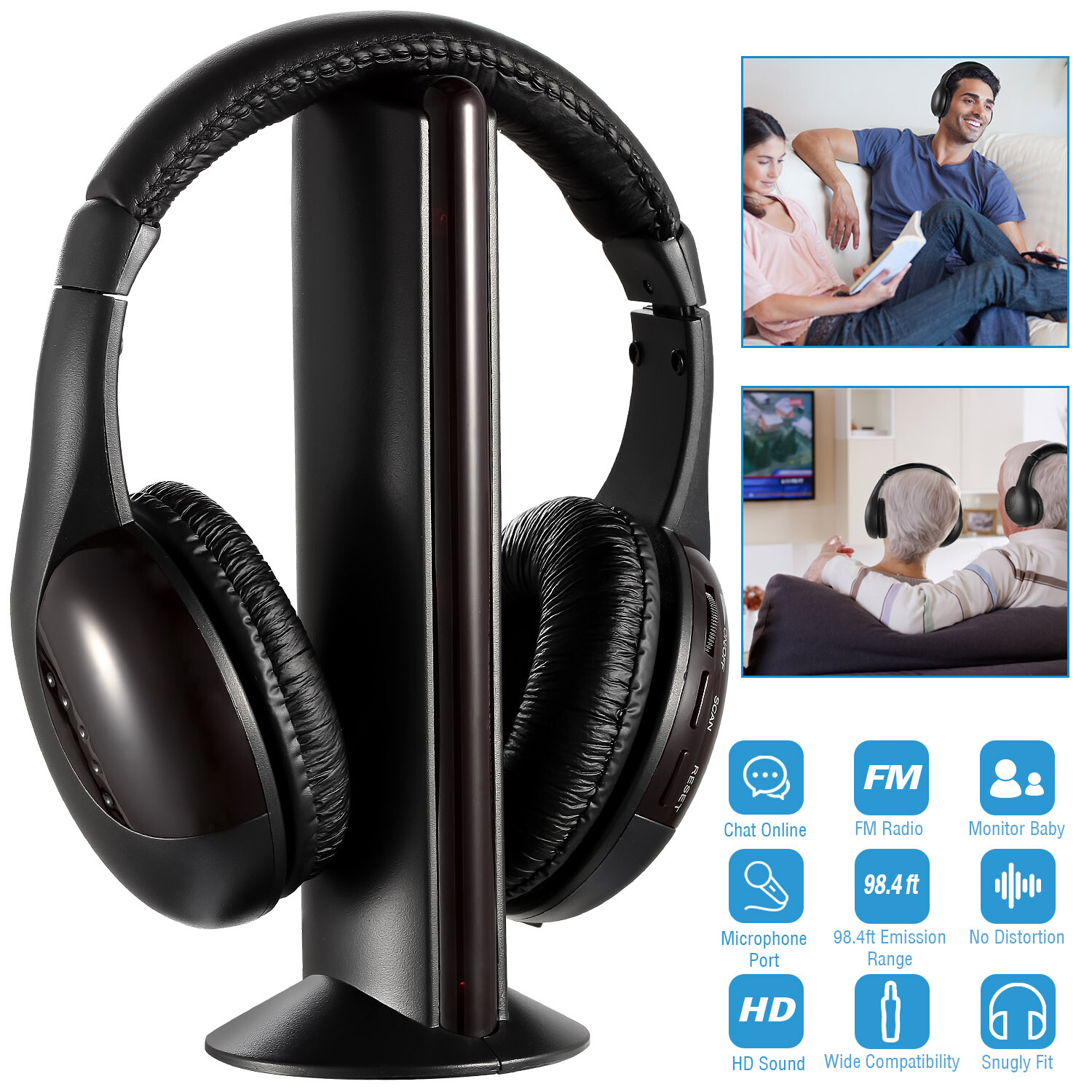 HiFi Wireless RF Headphones 5 in 1 Over-Ear Headsets Mic for PC TV Radio DVD MP4