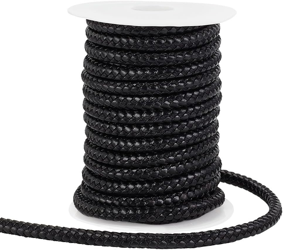 PH Pandahall 10 Yards round Braided Leather Cord, 8Mm Leather Rope Black Jewelry
