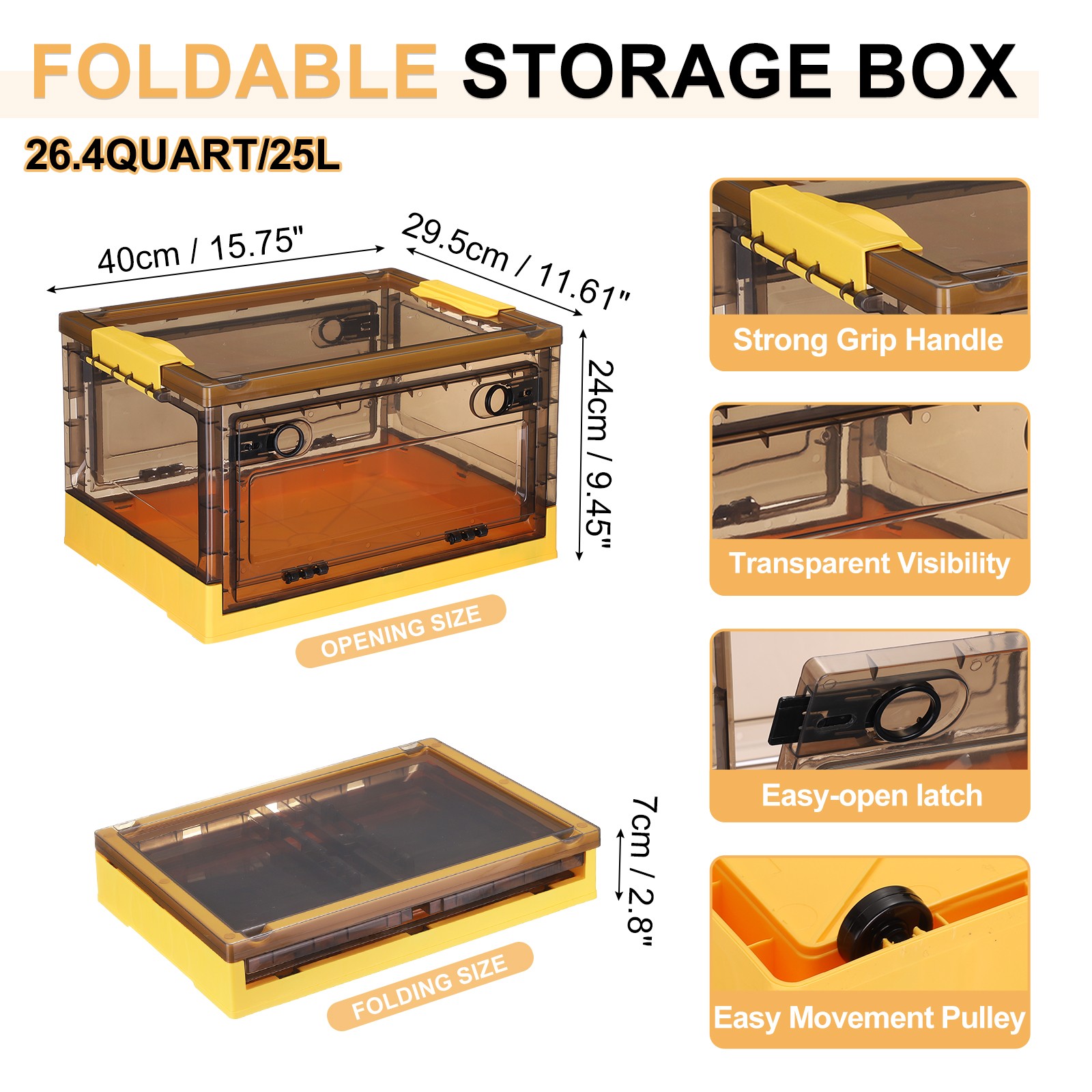26.4 Quart Plastic Stackable Storage Bins Foldable Box for Bedroom(Yellow)