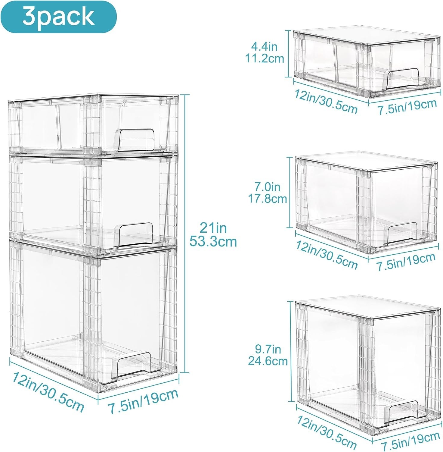 3 Pack Clear Stackable Storage Drawers,Easy to Assemble Bathroom Organizers a...