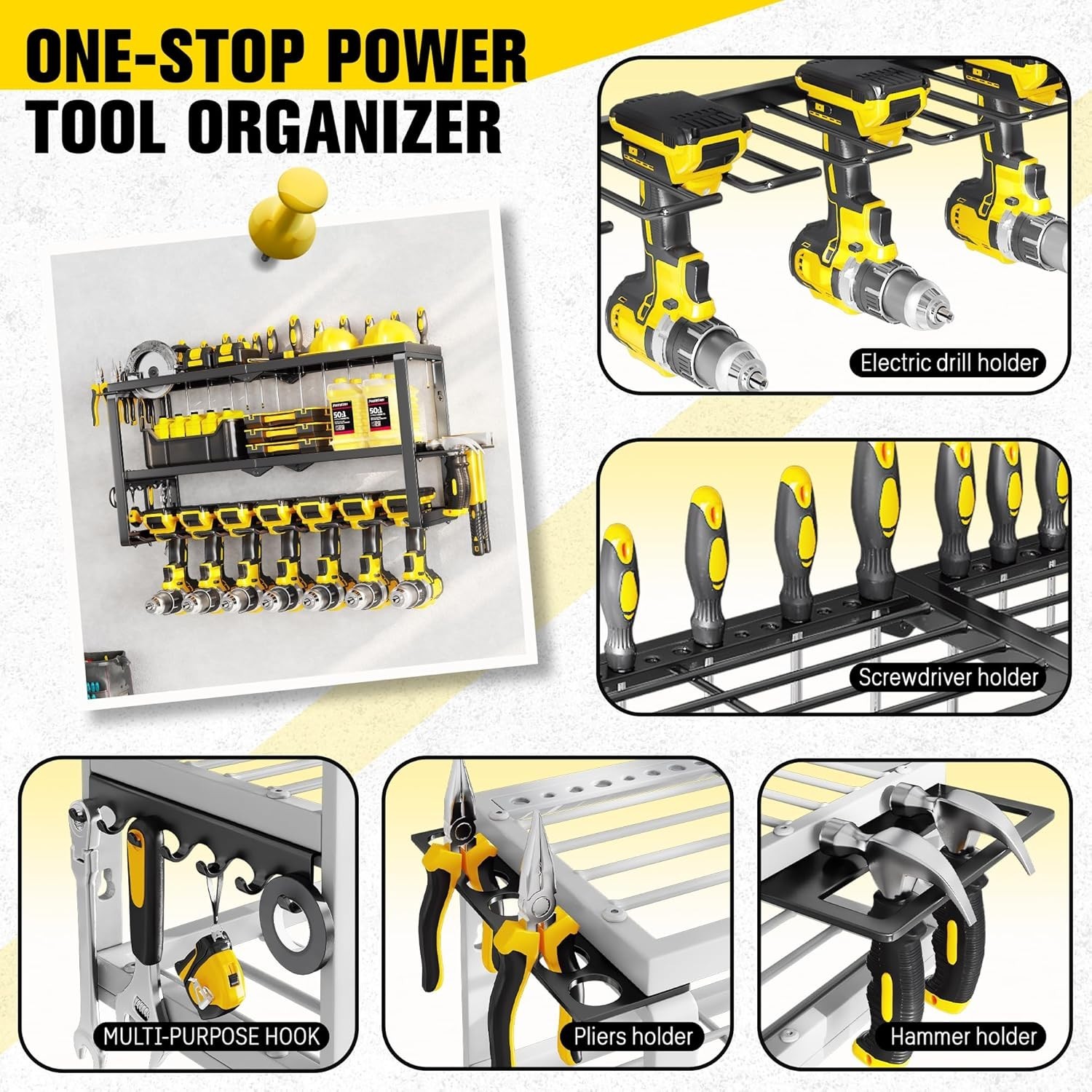Power Tool Organizer Wall Mount - 300Lbs Load 3 Layers Storage Rack with 7 Dr...