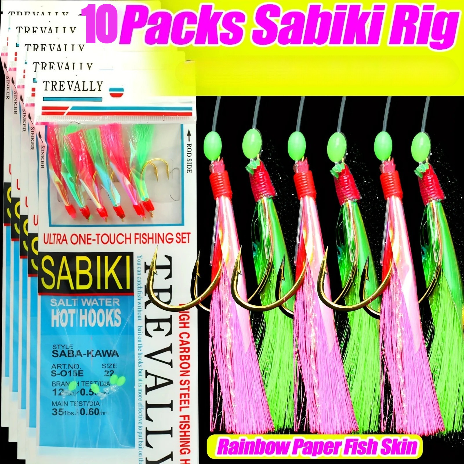 10 Packs Sabiki Fishing Rig for Mackerel Sea Bass with Rainbow Paper Skin Lures