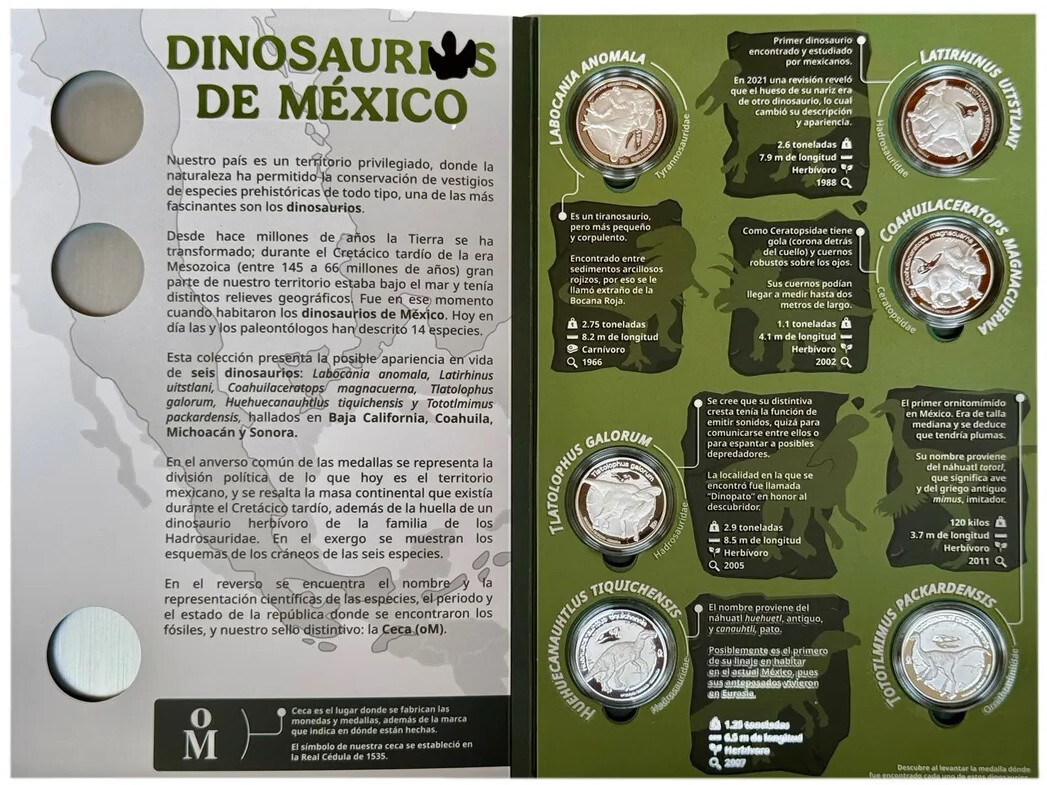Mexico 2025 Dinosaurs of Mexico, Set 6 Medals 999 Silver Proof Dinosaurios de Me