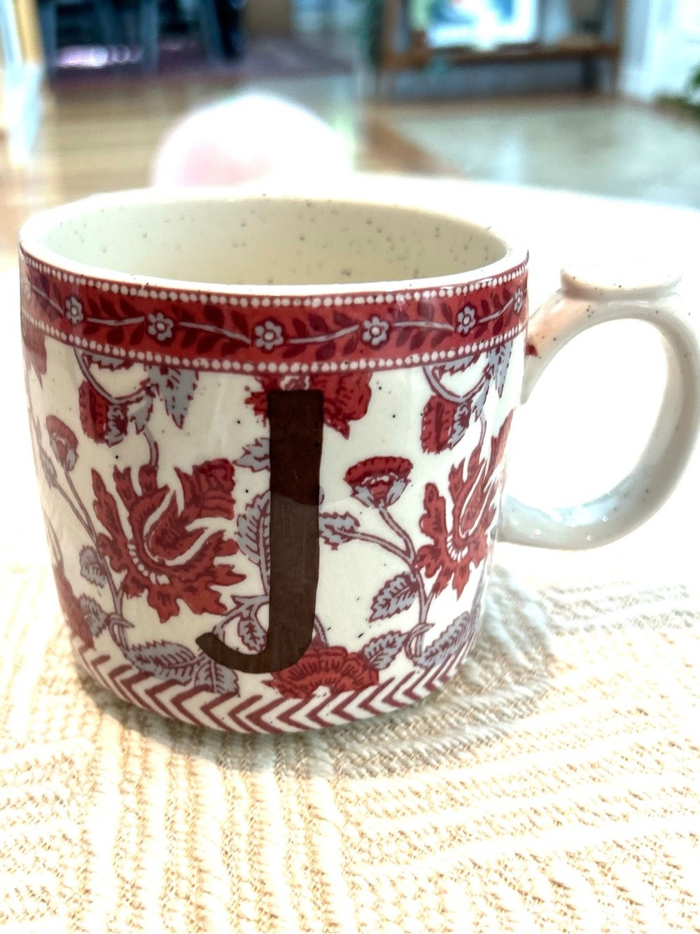 Anthropologie “J” floral mug. Boho. Speckled pottery. Dishwasher/micro safe. EUC