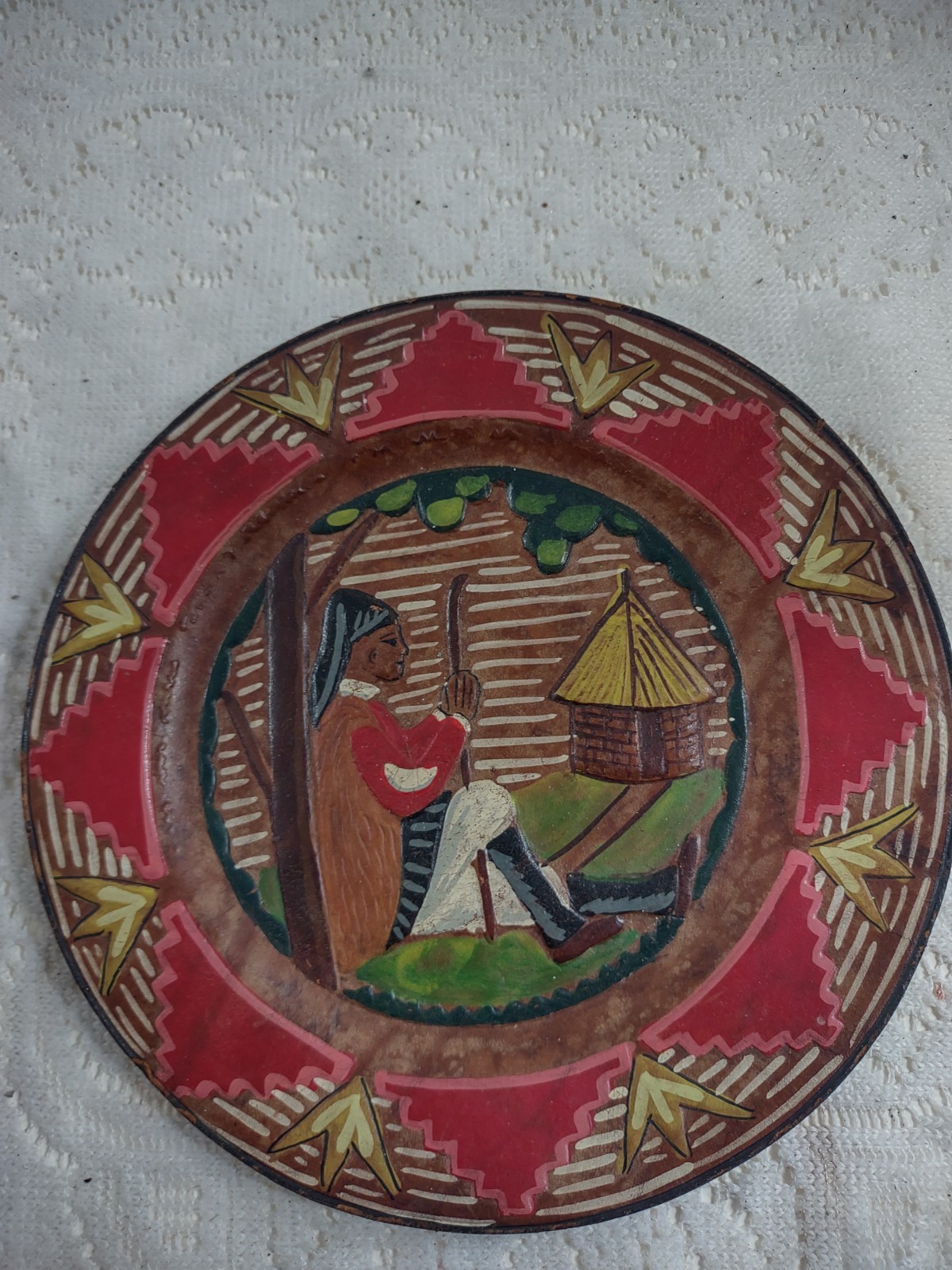 Vintage Ethiopian Leather Dish, Coptic, Hand African Art Plate Multicolor