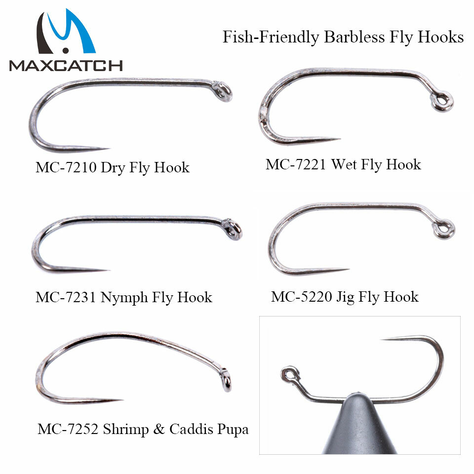 Maxcatch 100pcs 10# - 18# Fish-Friendly Barbless Fly Tying Hooks Dry&Wet&Nymph