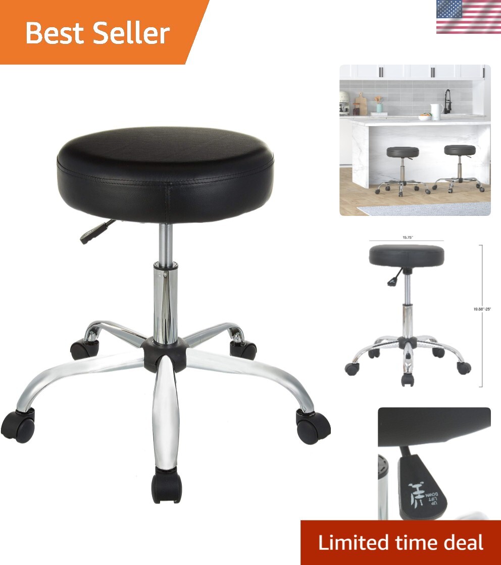 Modern Drafting Stool with 360-Degree Swivel & Wheels - Black Leather Upholstery