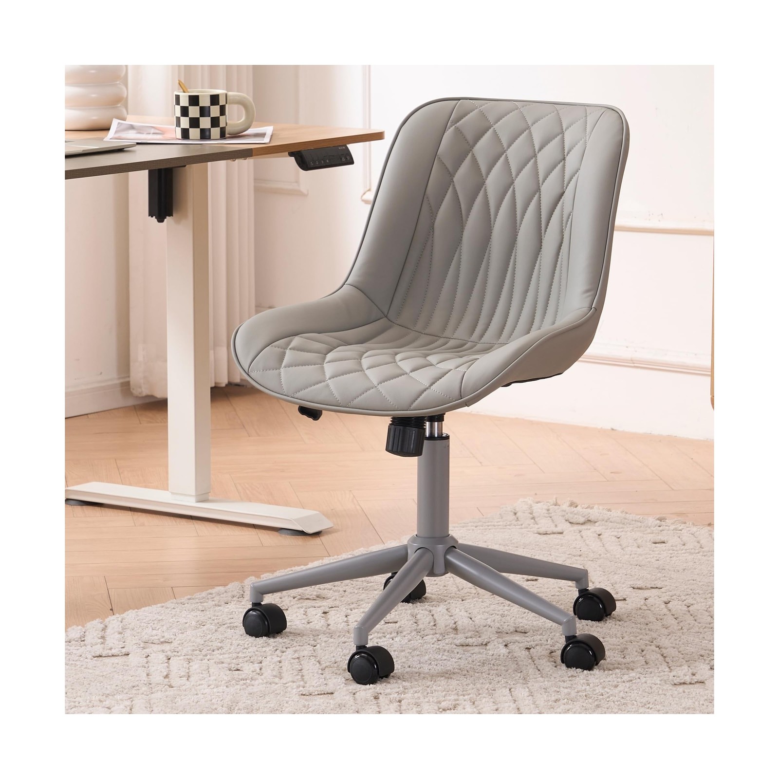 YOUNIKE Grey Faux Leather Ergonomic Office Chair Armless Comfy ... USA FAST SHIP