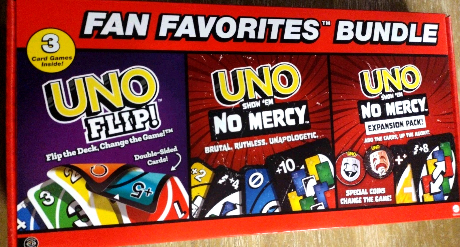 UNO Fan favorites Bundle: UNO Flip, UNO No mercy & No Mercy Expansion Pack.  T14