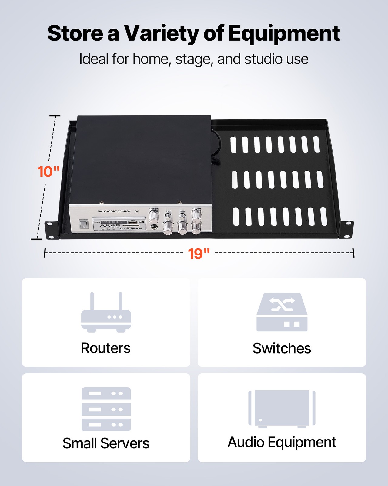 VEVOR 1U Server Rack Shelf 4 PCS 10 in Depth Vented Wall Rack Mount Shelf Tray
