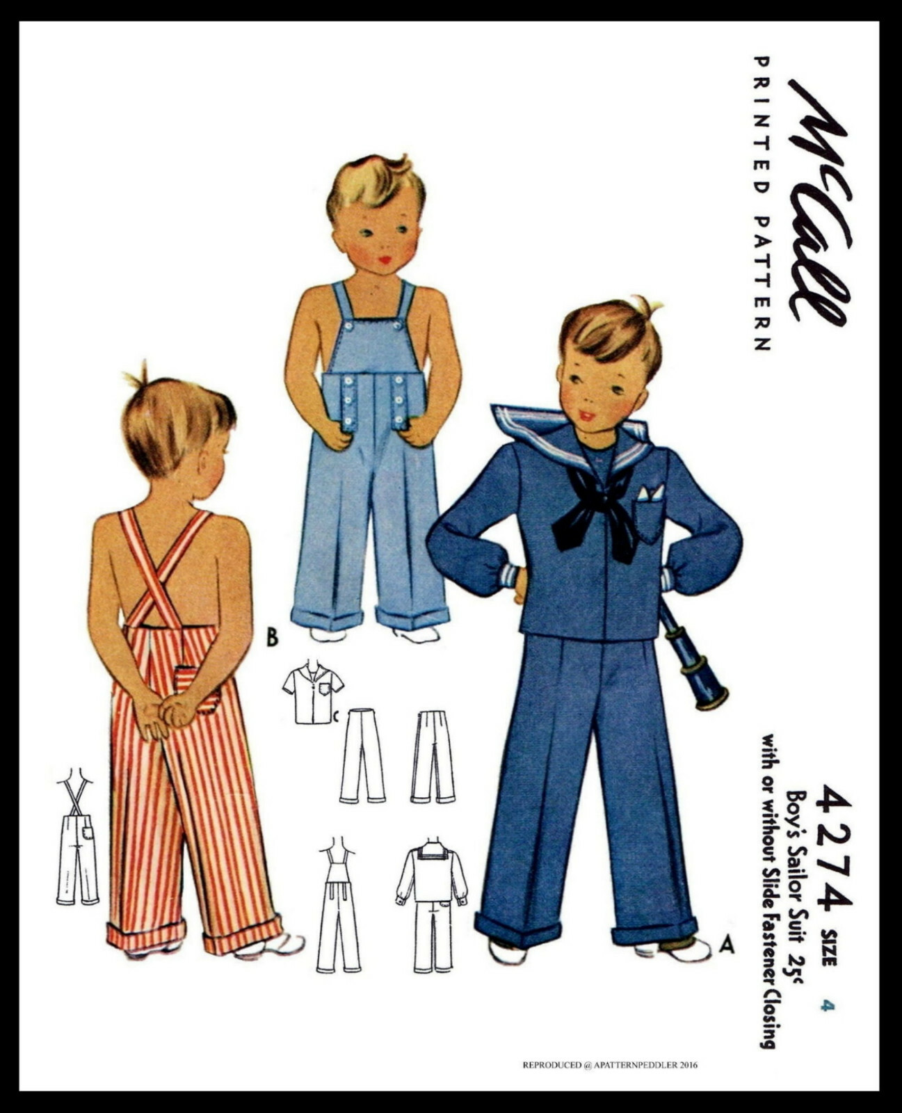 McCall 4274 BOY'S SAILOR Suit Nautical Sewing Pattern Costume Play Overalls 2or4