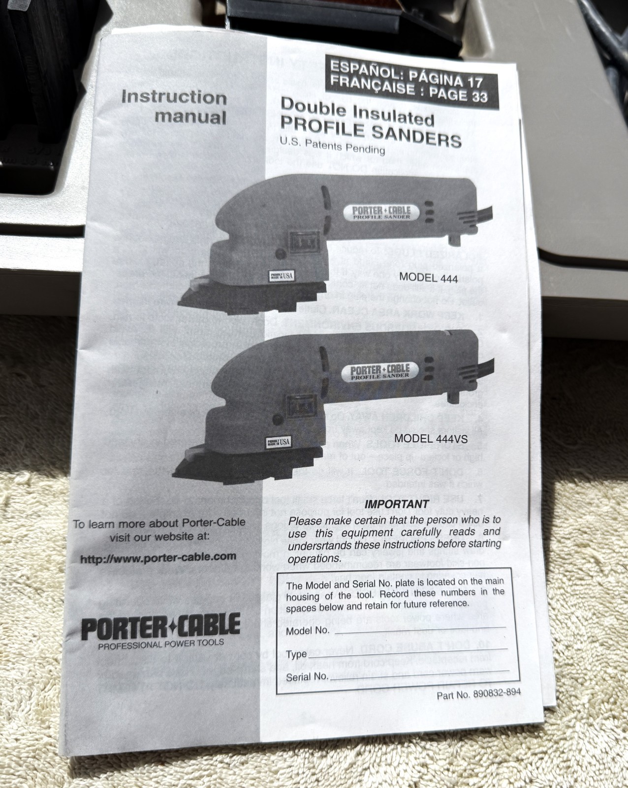 PORTER-CABLE PROFILE SANDER MODEL 444 VS-- AS PICTURED