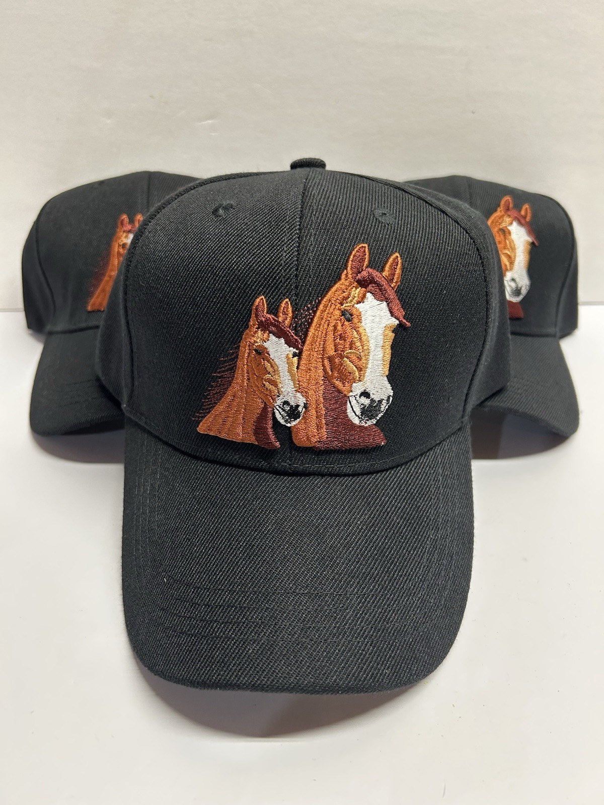 New Lot Of 3 Horses Horse Hat Heads Embroidered Cap Black Pair Western