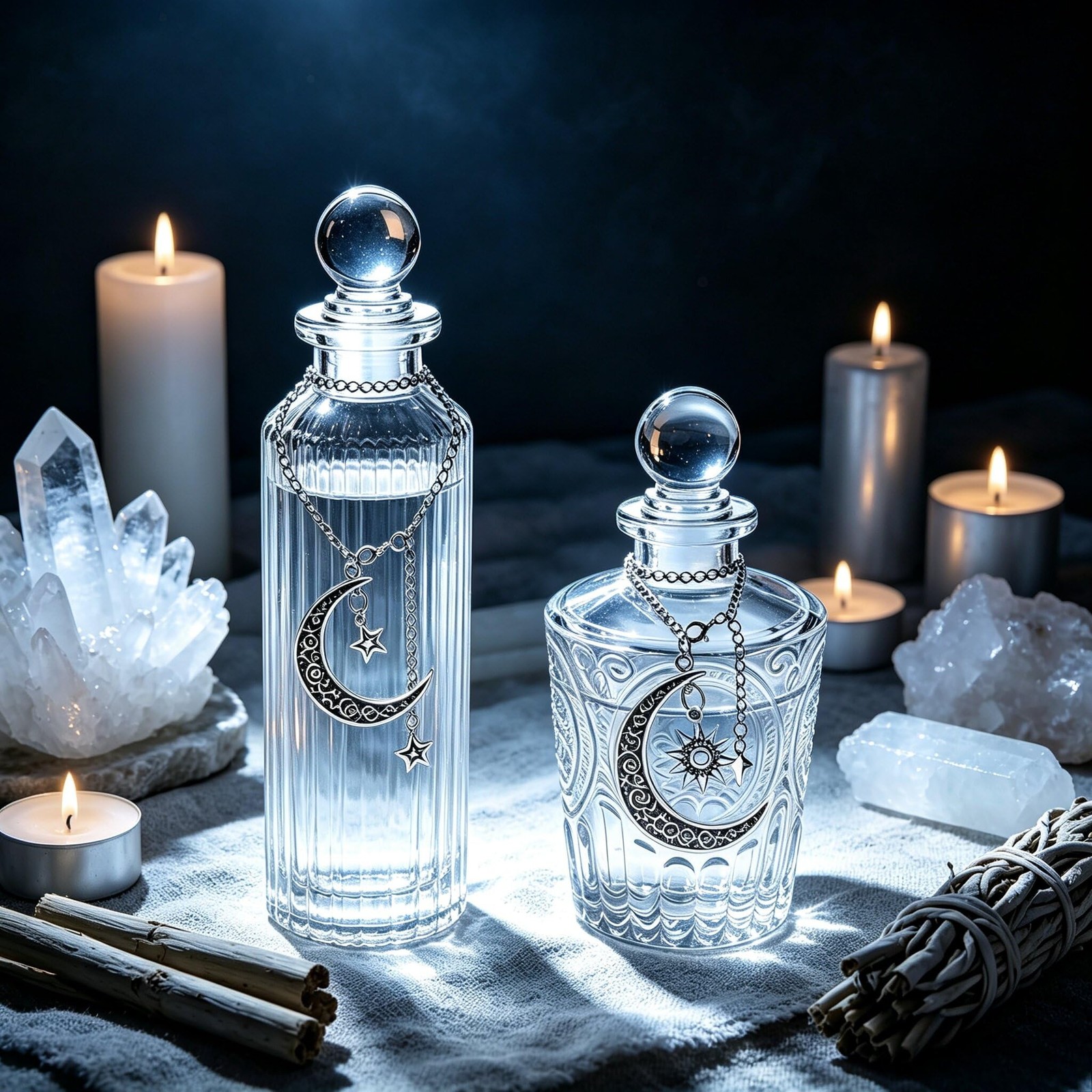 2PC Moon Water Bottle Set Glass Ritual Jar with Lid & 2 Moon Chains for Cryst...