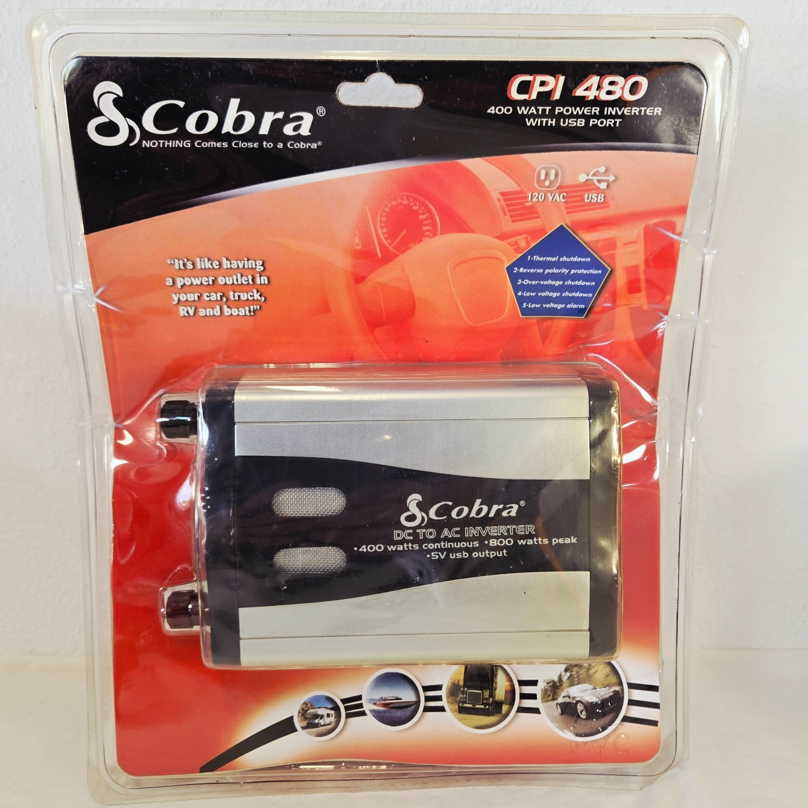 COBRA CPI 480 400-Watt Power Inverter w/USB Port 12V Dual AC Outlet Lighter, NEW