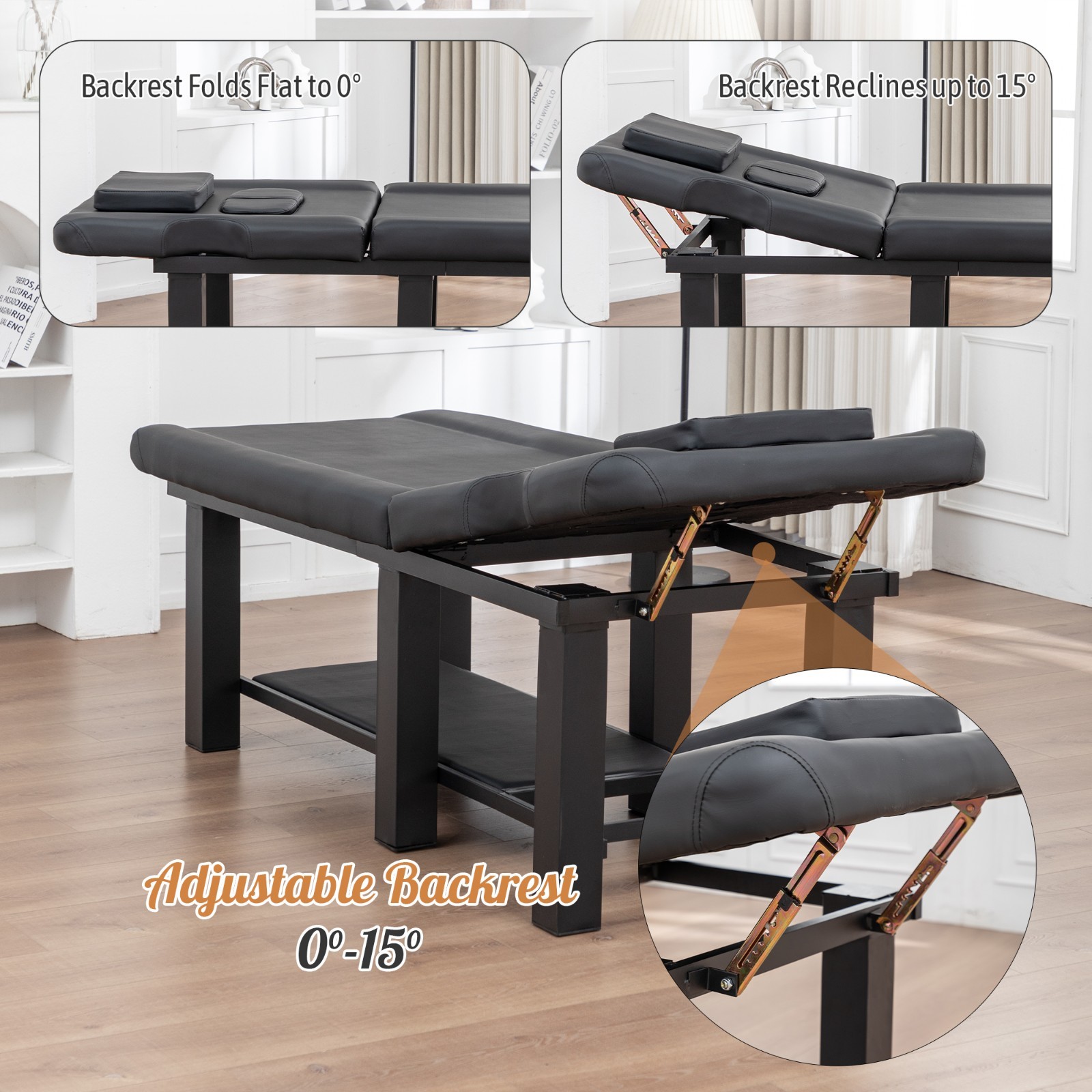 Spa Salon Massage Table w/Bottom Storage&Adjustable Backrest&Detachable Headrest