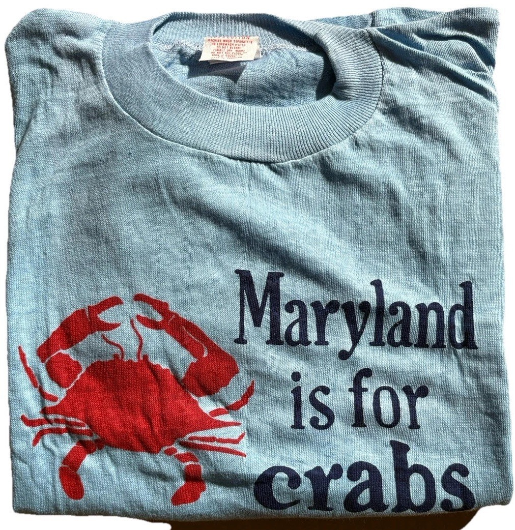 VTG 70's Maryland Is For Crabs T Shirt DEADSTOCK NOS Blue Hanco Adult LARGE