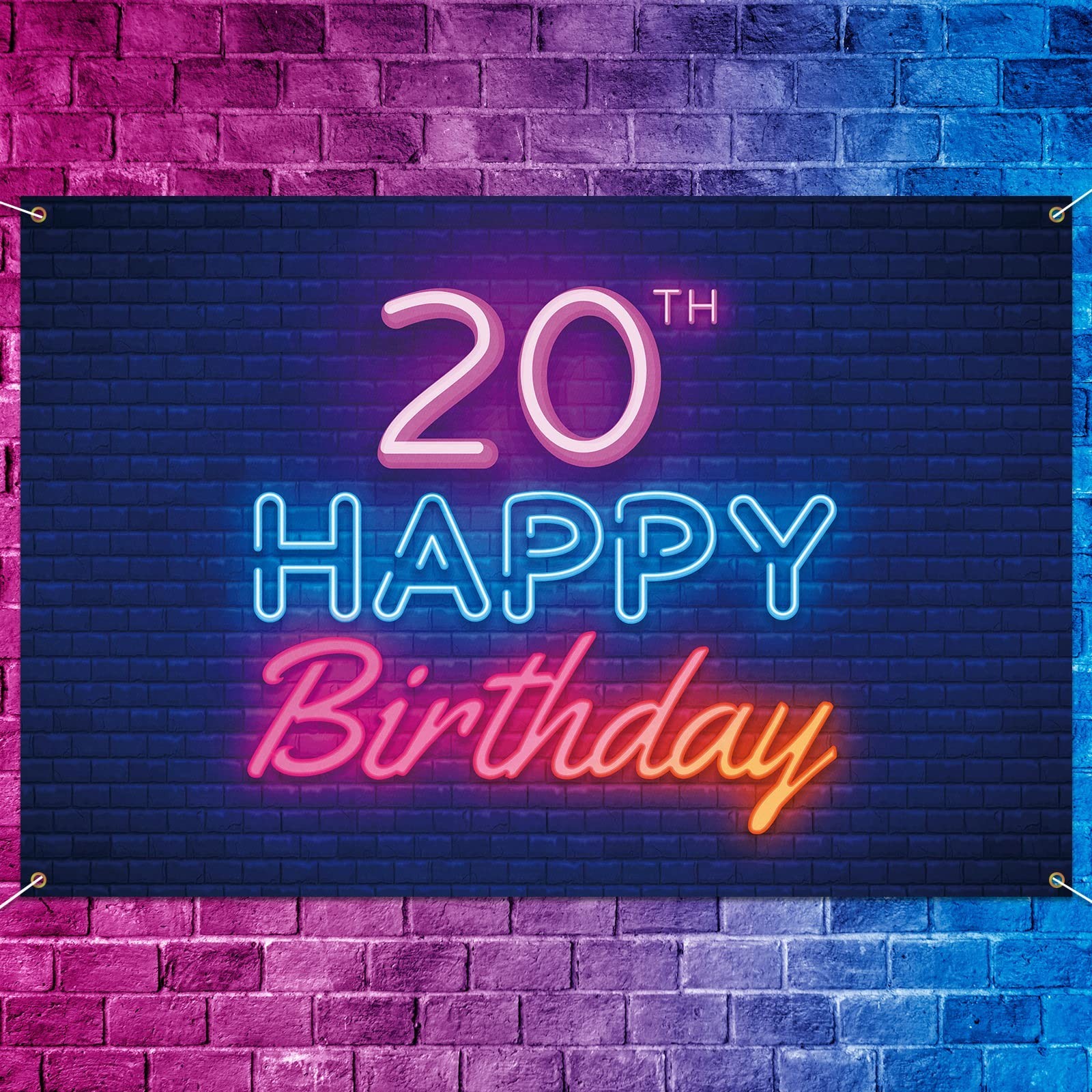 5665 Glow Neon Happy 20th Birthday Backdrop Banner Decor Black – Colorful