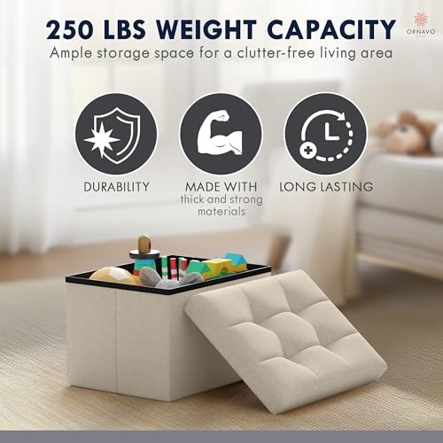 Small Storage Ottoman, Set of Foldable Collapsible Rectangle Linen 2 Beige