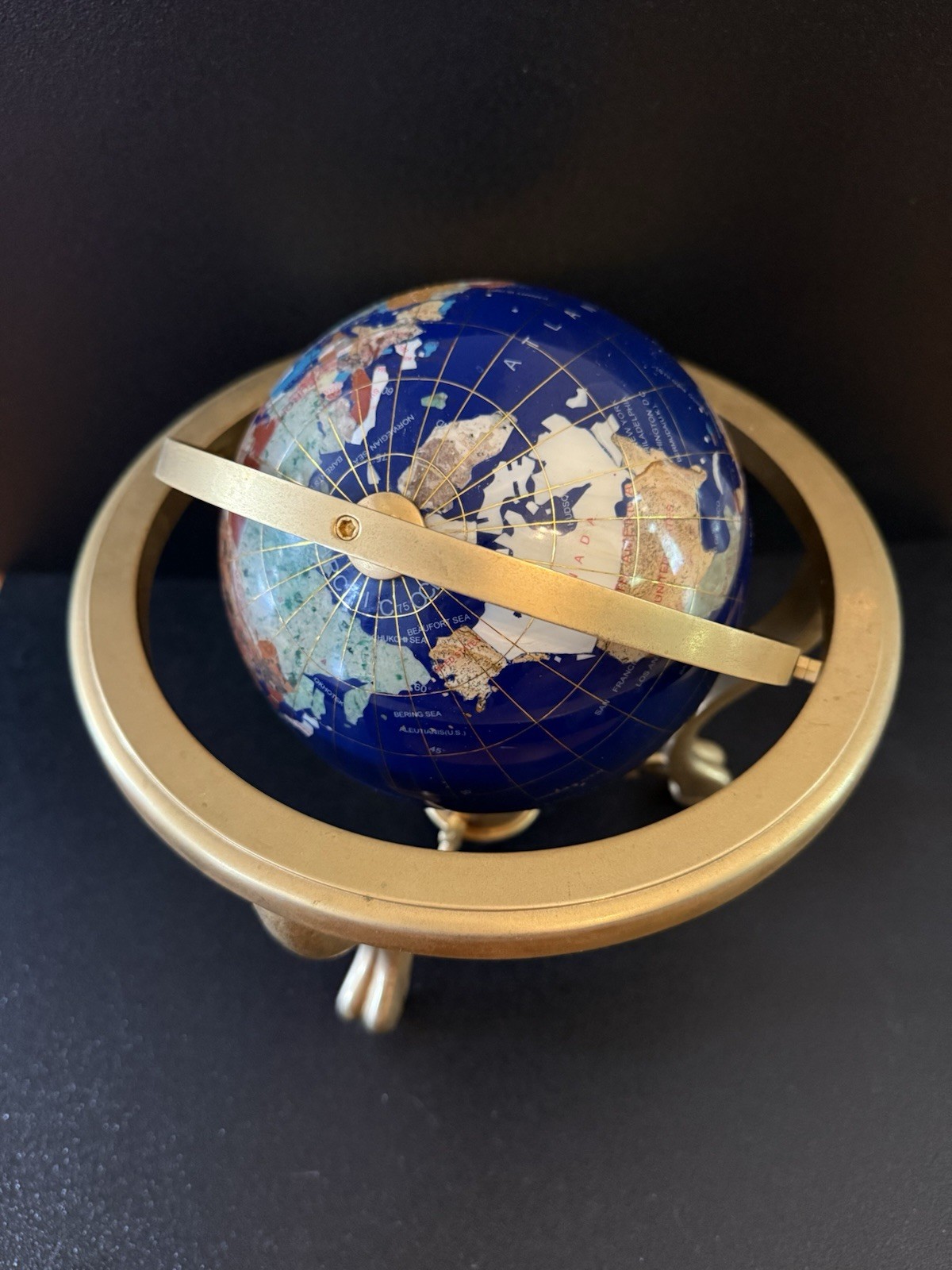 Blue Lapis Tabletop Globe, Rotating, compass, Gold-Finish tripod Base