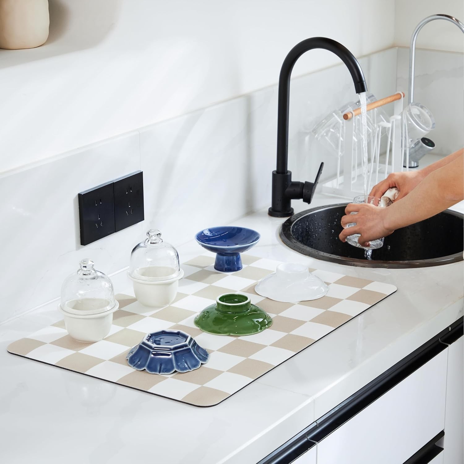 Checkered Dish Drying Mat for Kitchen Counter, Coffee Bar Station Accessories