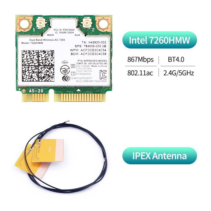 1200Mbps Intel 7260HMW 2.4G/5Ghz 802.11ac BT4.0 Mini PCIE WiFi Card with Antenna