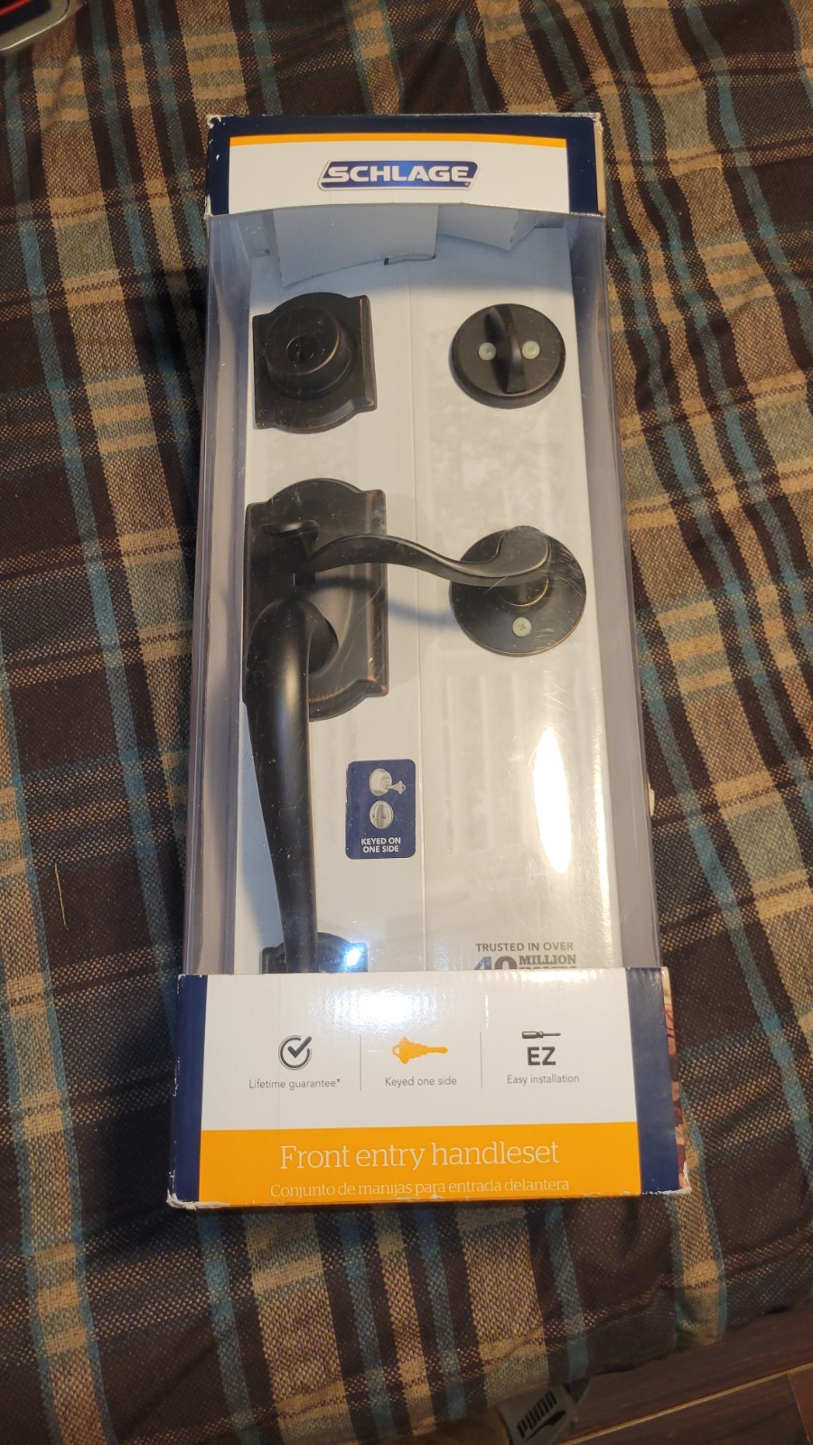 Schlage Front Entry Handleset w Deadbolt Brushed Bronze Keyed One Sided