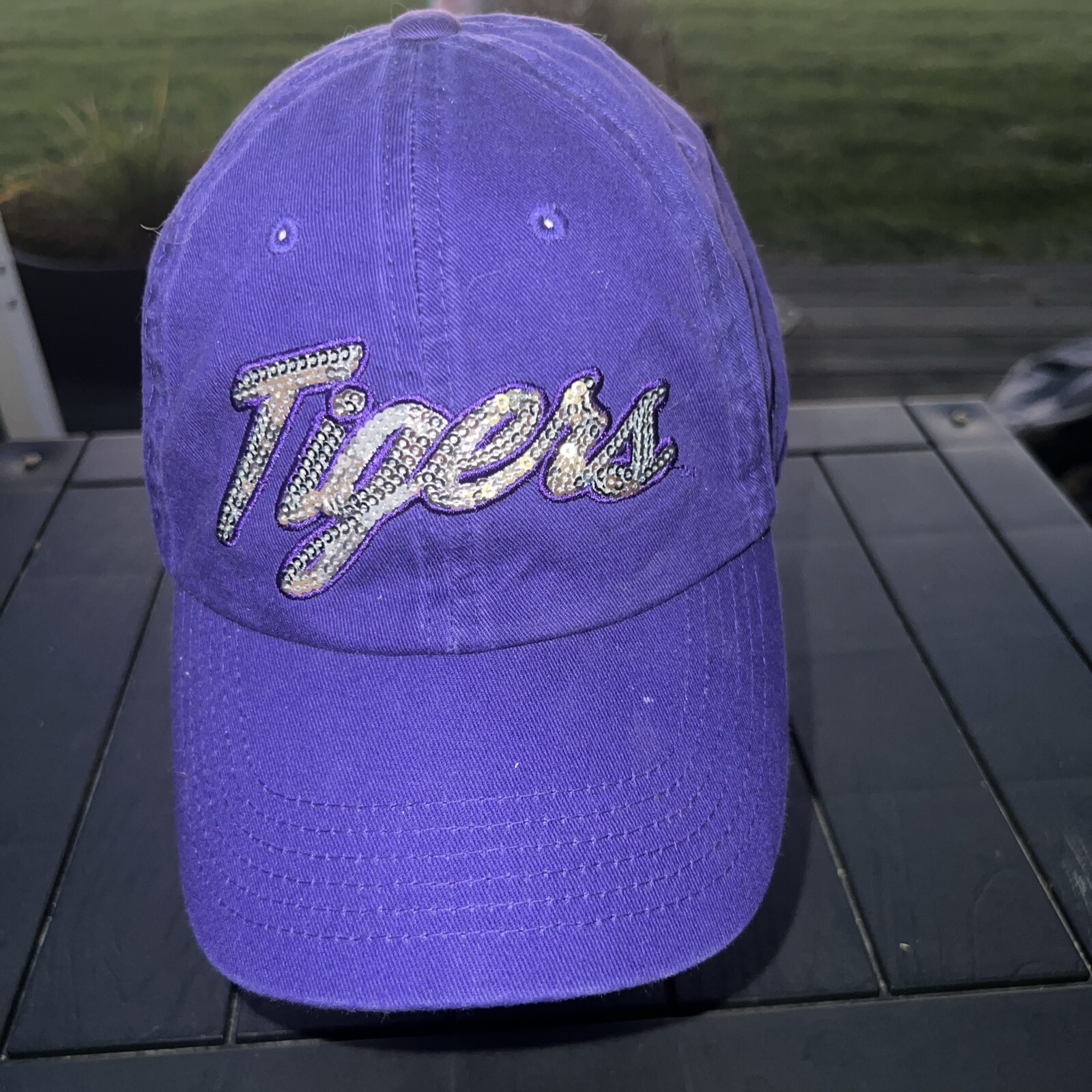 Purple Cotton Hat Cap  With Silver Sparkle Sequins Tiger on Front Strap Buckle