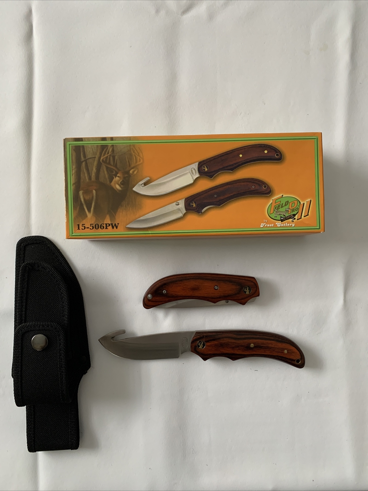 FieldPro By Frost Set Of 2 Hunting Knives 8” Overall Guthook,4 1/2 Closed Folder