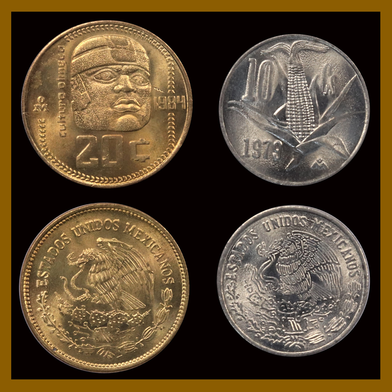 Mexico 10 & 20 Centavos (Cent) (2 Coin Set), 1977-1984 Eagle & Snake Olmeca