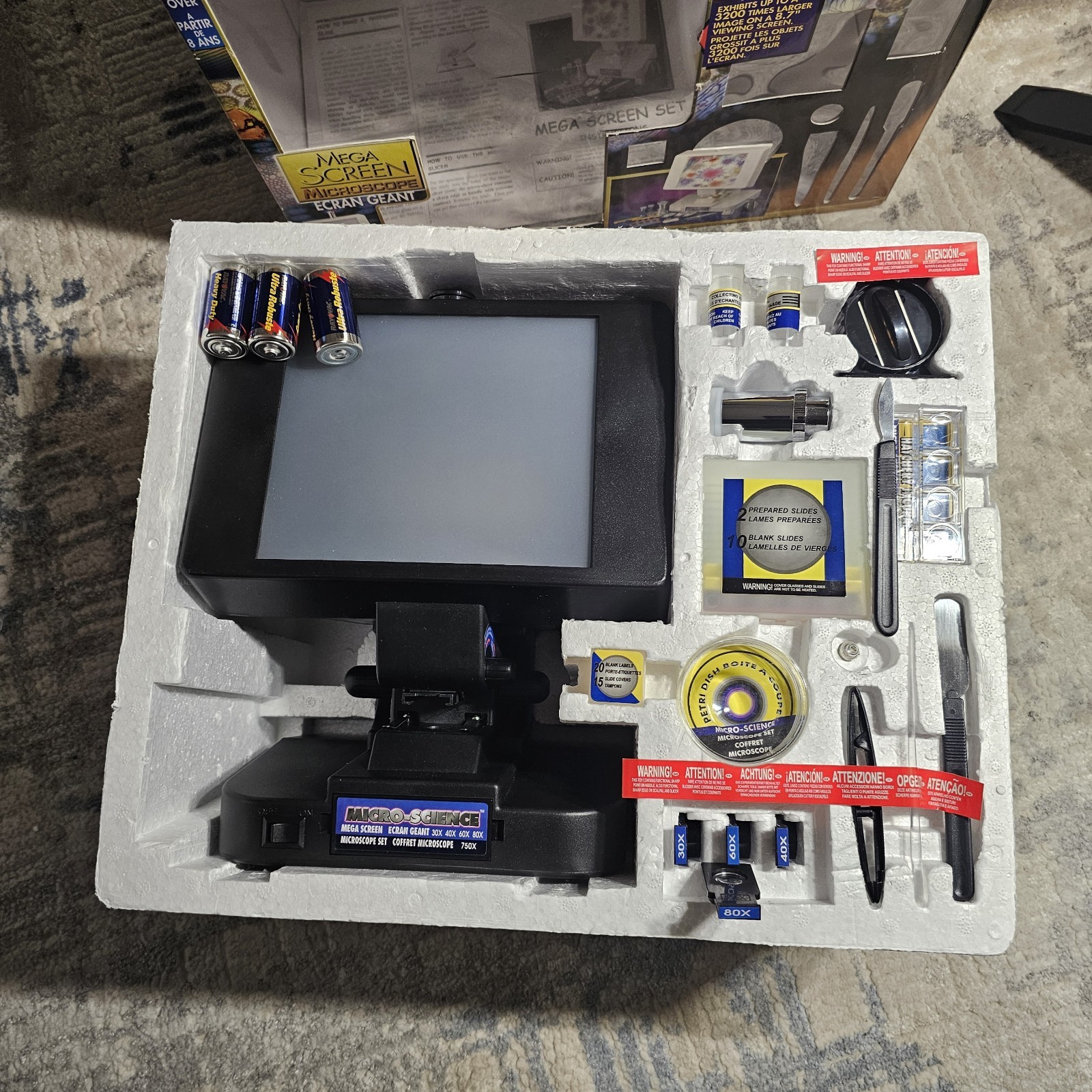 Micro-Science Mega Screen Microscope Set No. 2222 62 Pc Complete 30X 40X 60X 80X