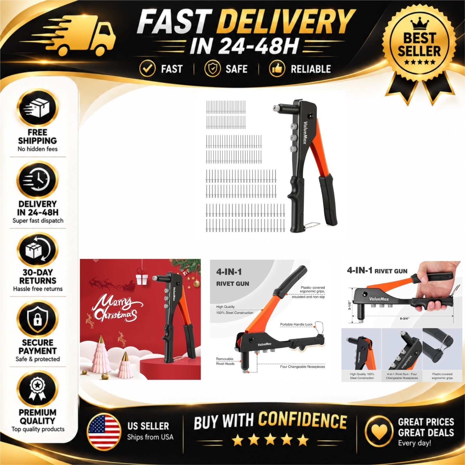 4-in-1 Hand Riveter Tool Kit with 200 Rivets - Metal Repair