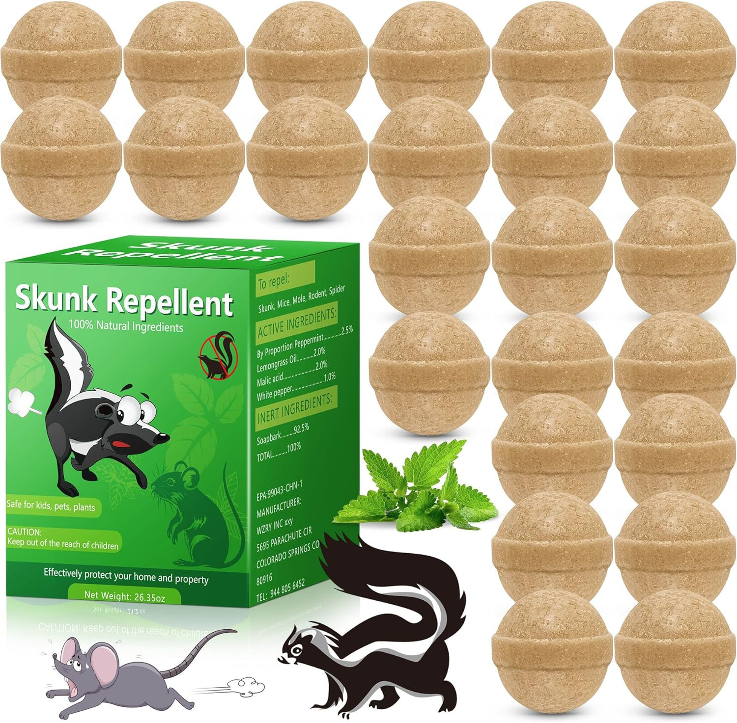 24 Pack Skunk Repellent Outdoor, Natural Peppermint Skunk Repellent Ball Humane