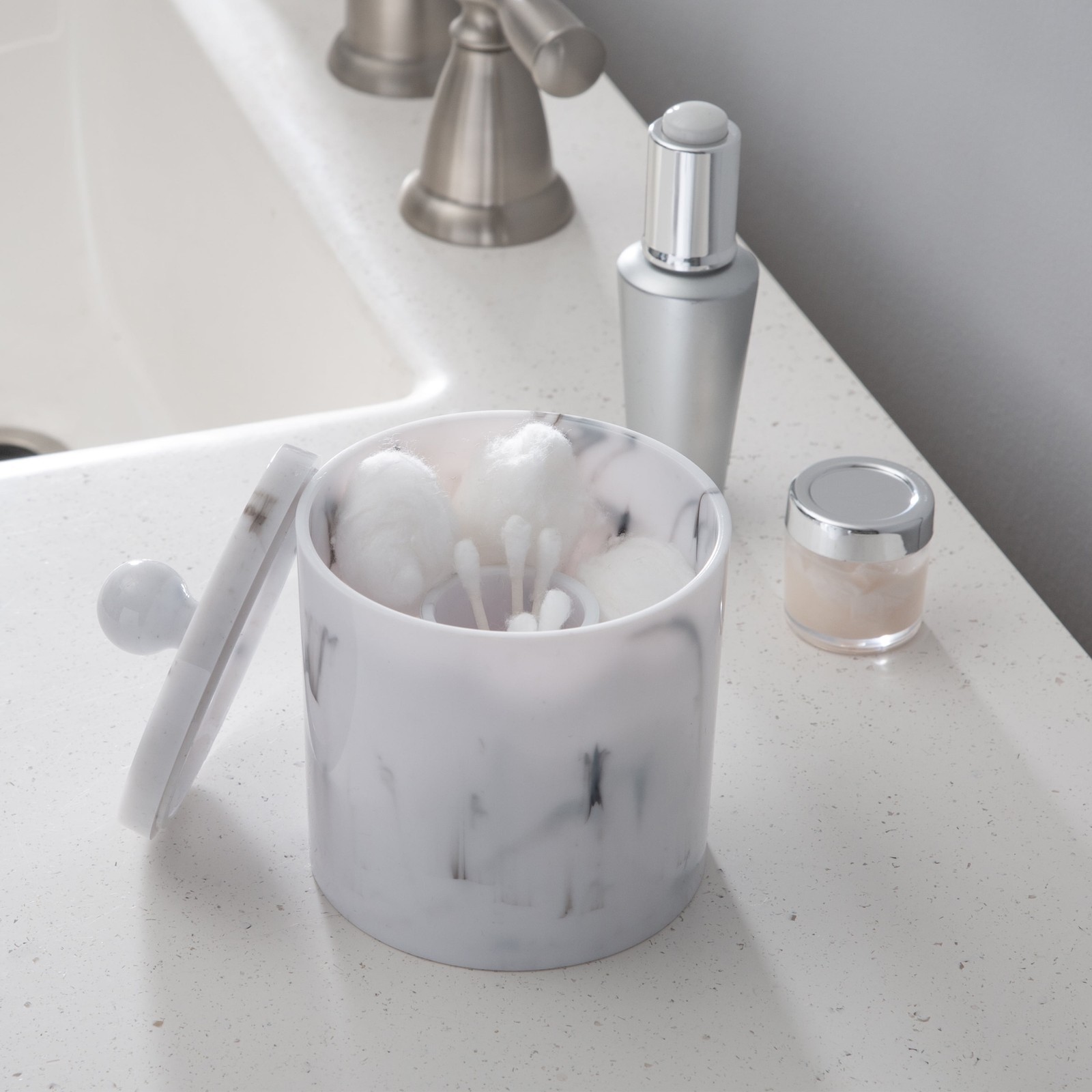 Q-Tip and Cotton Holder Compact Plastic Marble Design