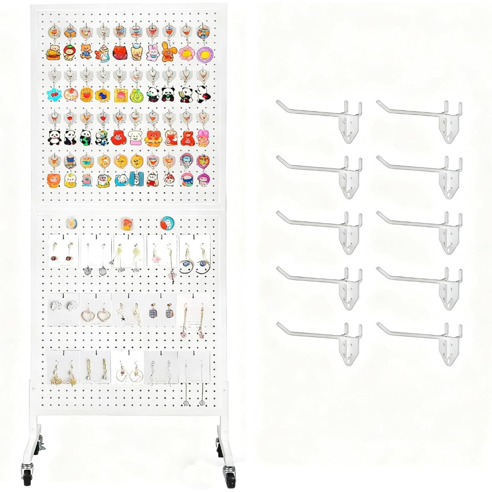 2x5' Mobile Pegboard Display Stand with T-Base Wheels & 10 Hooks for Craft Fairs
