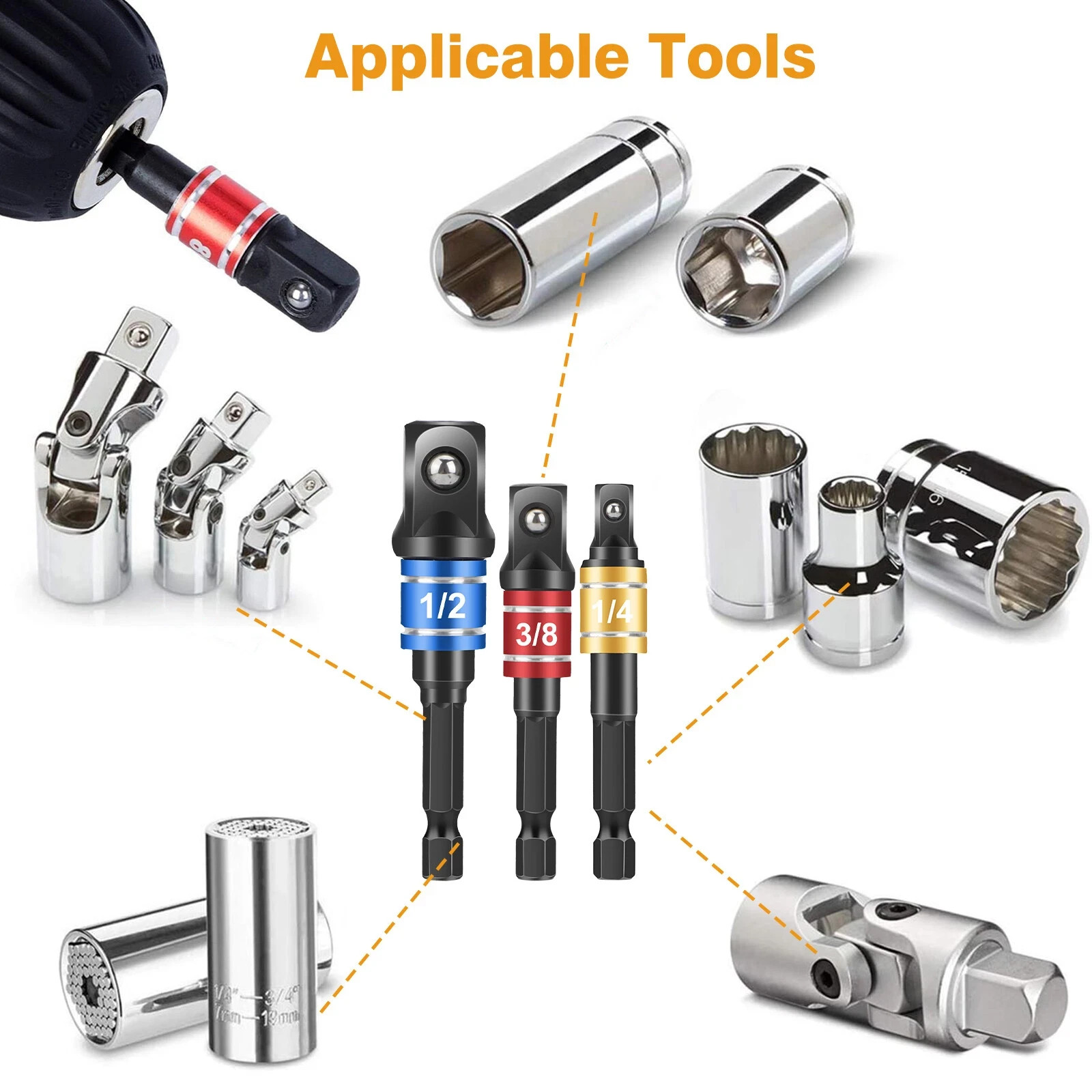 4Pcs 105°Right Angle Drill Attachment Impact Grade Socket Adapter 1/4" 3/8" 1/2"