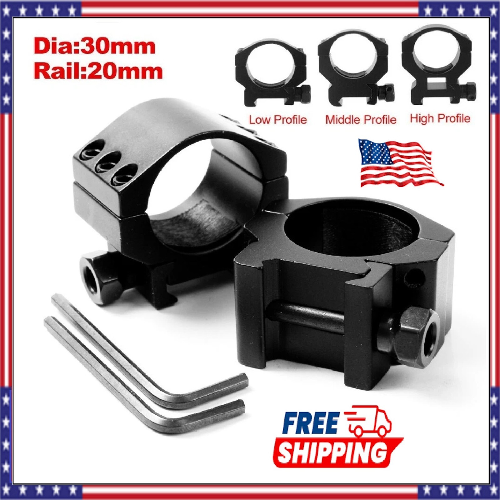 Pair 30mm Scope Ring Mounts Low/Middle/High Profile Picatinny Rail Mount - USA