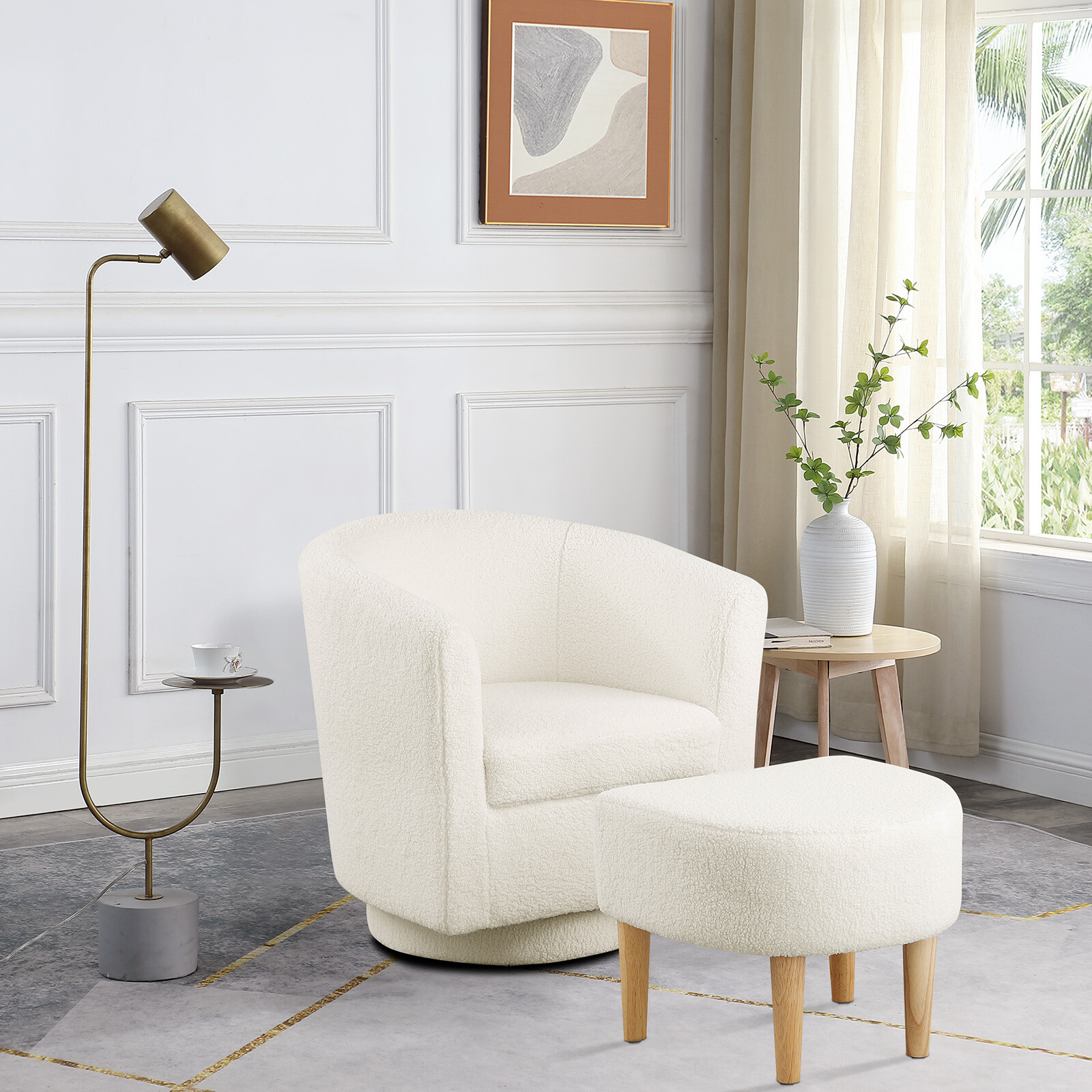 Modern Swivel Accent Chair w/ Ottoman Upholstered Club Tub Barrel Armchair Sofa
