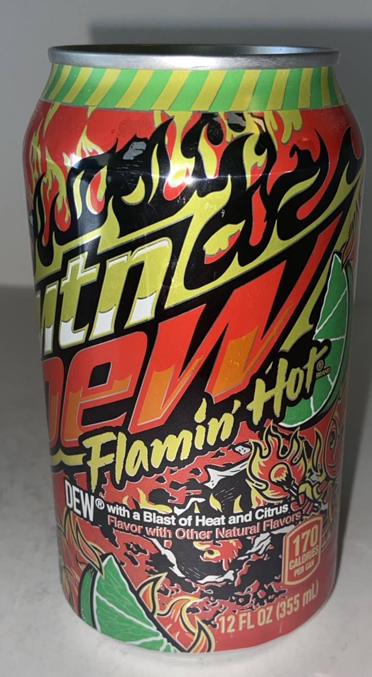 2022 12oz. MTN DEW CAN ( FLAMIN HOT) EMPTY BOTTOM OPENED